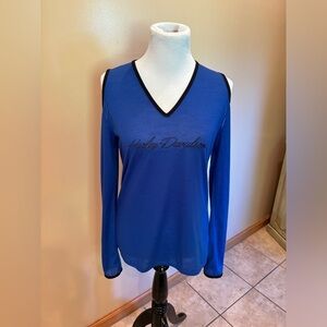 Harley Davidson Women’s Blue Long Sleeve Open Shoulder Top